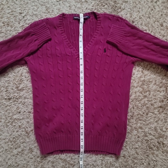 Ralph Lauren Sport Cable Knit Sweater Womens L Magenta Pink V-Neck Cotton - Picture 5 of 7